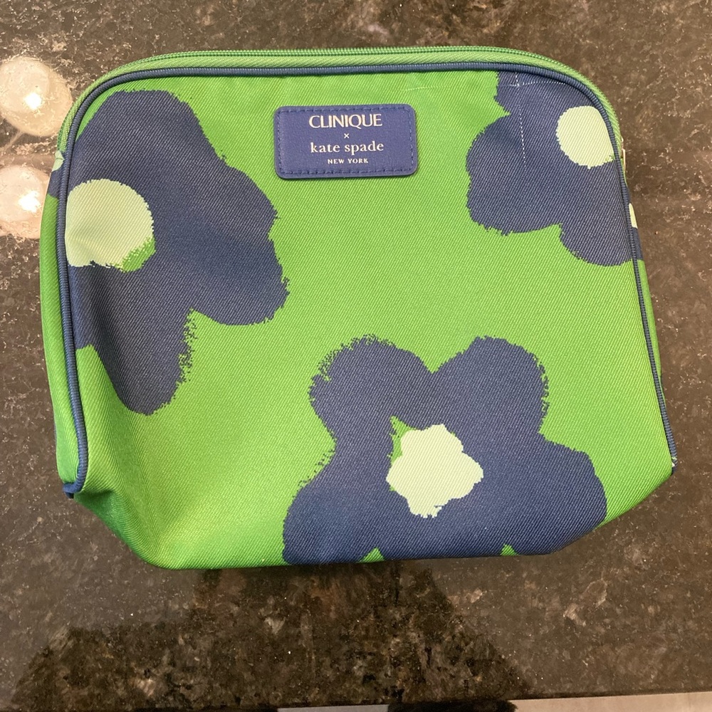 Clinique x Kate spade blue green floral mini makeup cosmetic bag